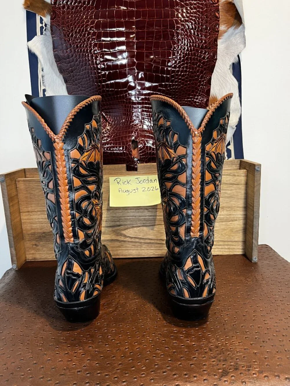 Famous Liberty Boot Co. Full Tooled Bats Cowboy Boots with Regal Braiding 11D